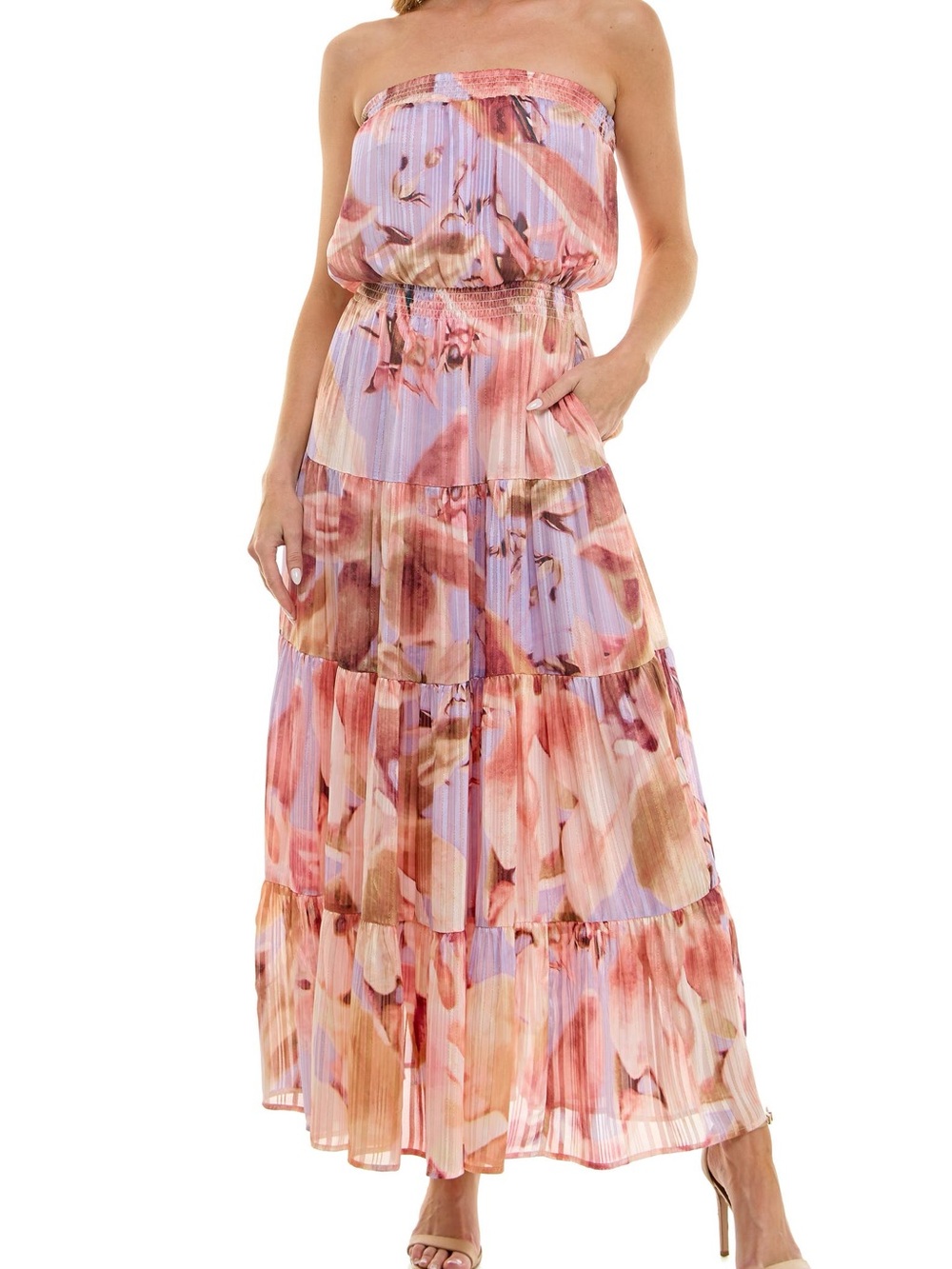 NWT! Socialite Metallic Floral Strapless Tiered Maxi Dress Size Small